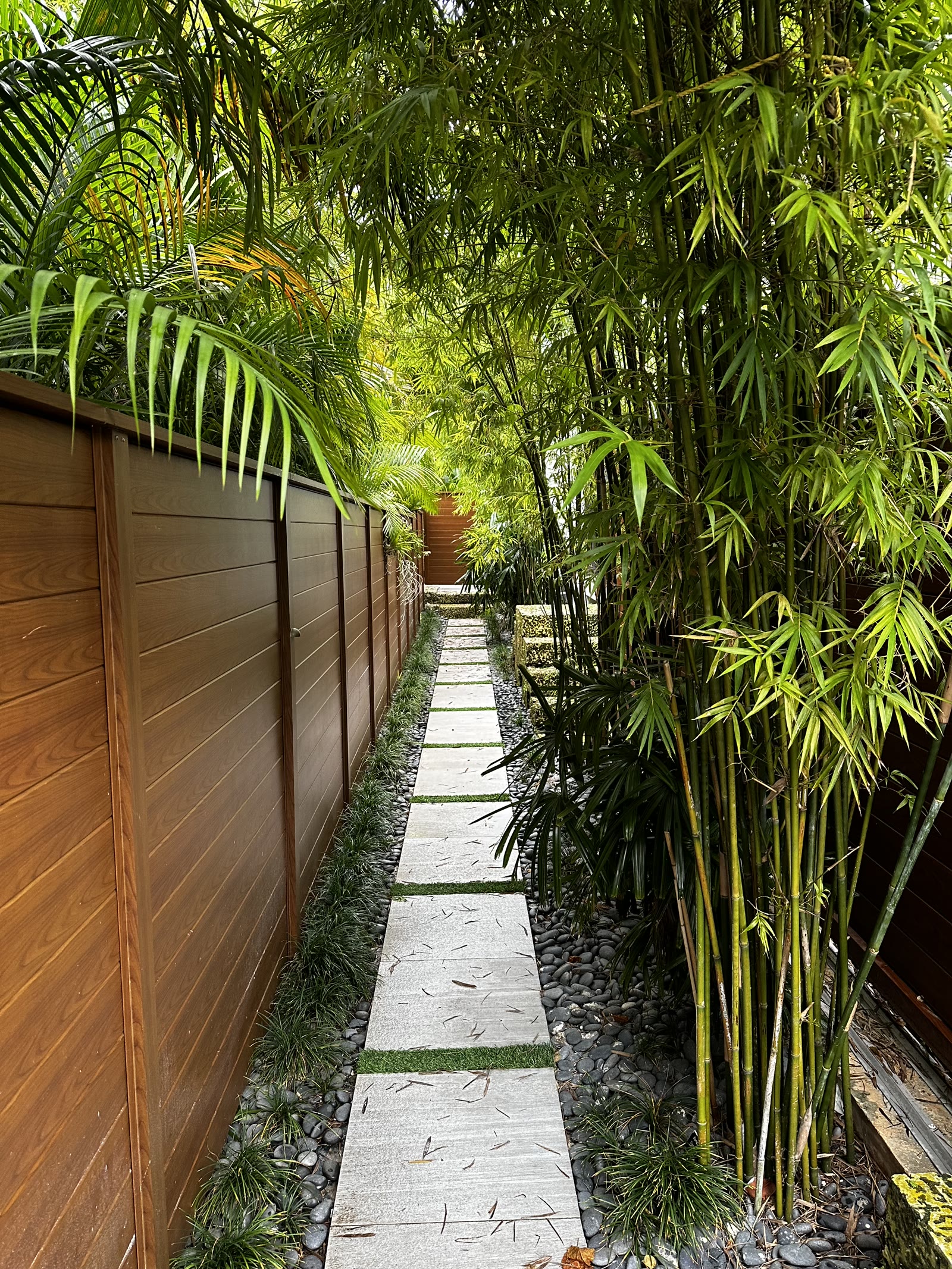 Same corridor transformed into a bamboo walk with travertine stepping stones and warm wood fence