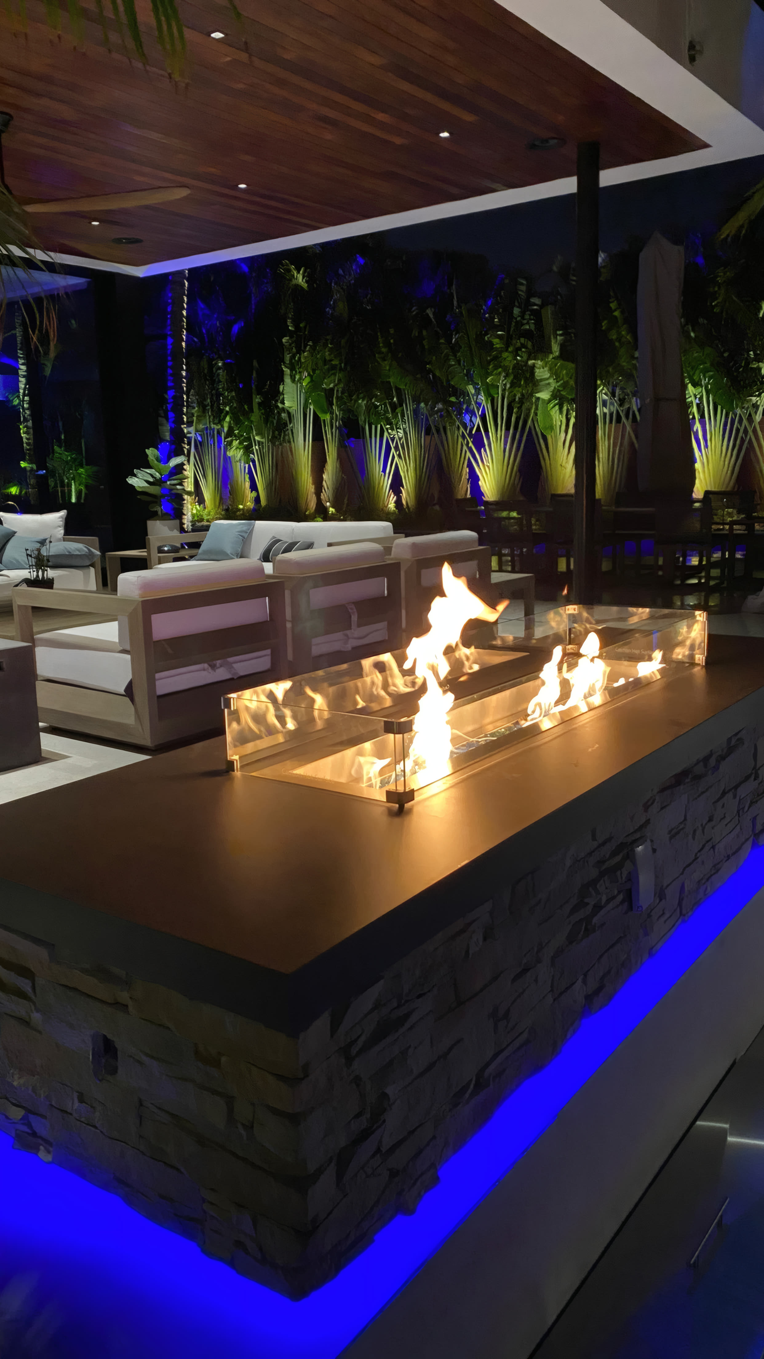 Outdoor lounge at night with a linear fire feature, plush sectionals, wood ceiling, and blue-uplit traveler palms
